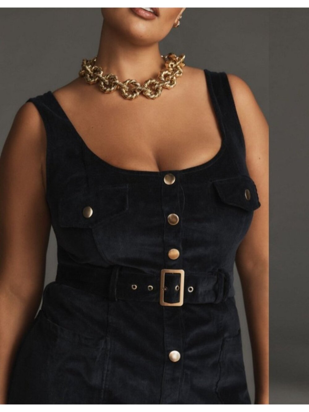 Maeve Anthropologie Navy Velvet Corduroy Belted Midi Dress Button Front Sze 12 - Picture 3 of 12